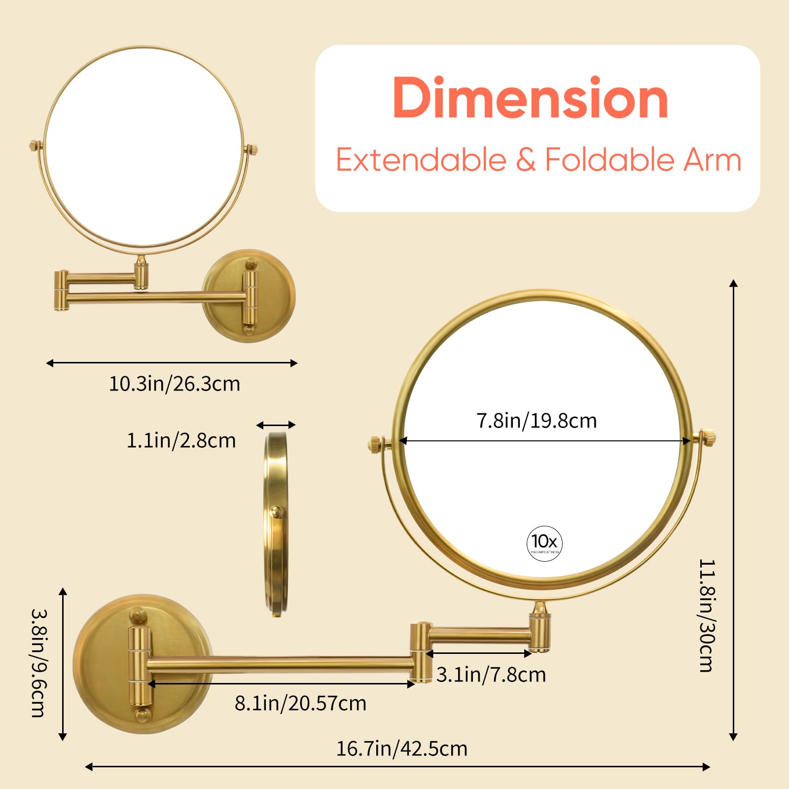Gurun 8'' Wall Mounted Makeup Mirror With 10X Magnification,Two-Sided Swivel Bathroom Mirror,Brushed Gold Finish M1306Gj(8'',10X
