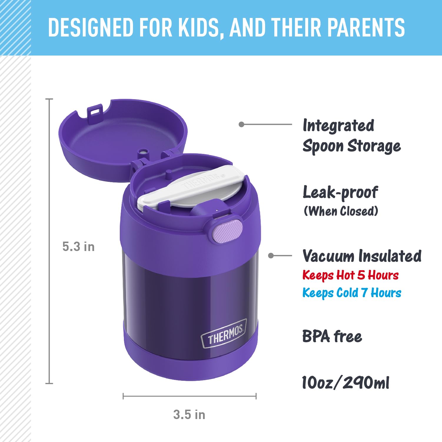 Thermos Funtainer Insulated Food Jar, 10 Ounce, Kid Friendly Food Jar With Foldable Spoon, Purple