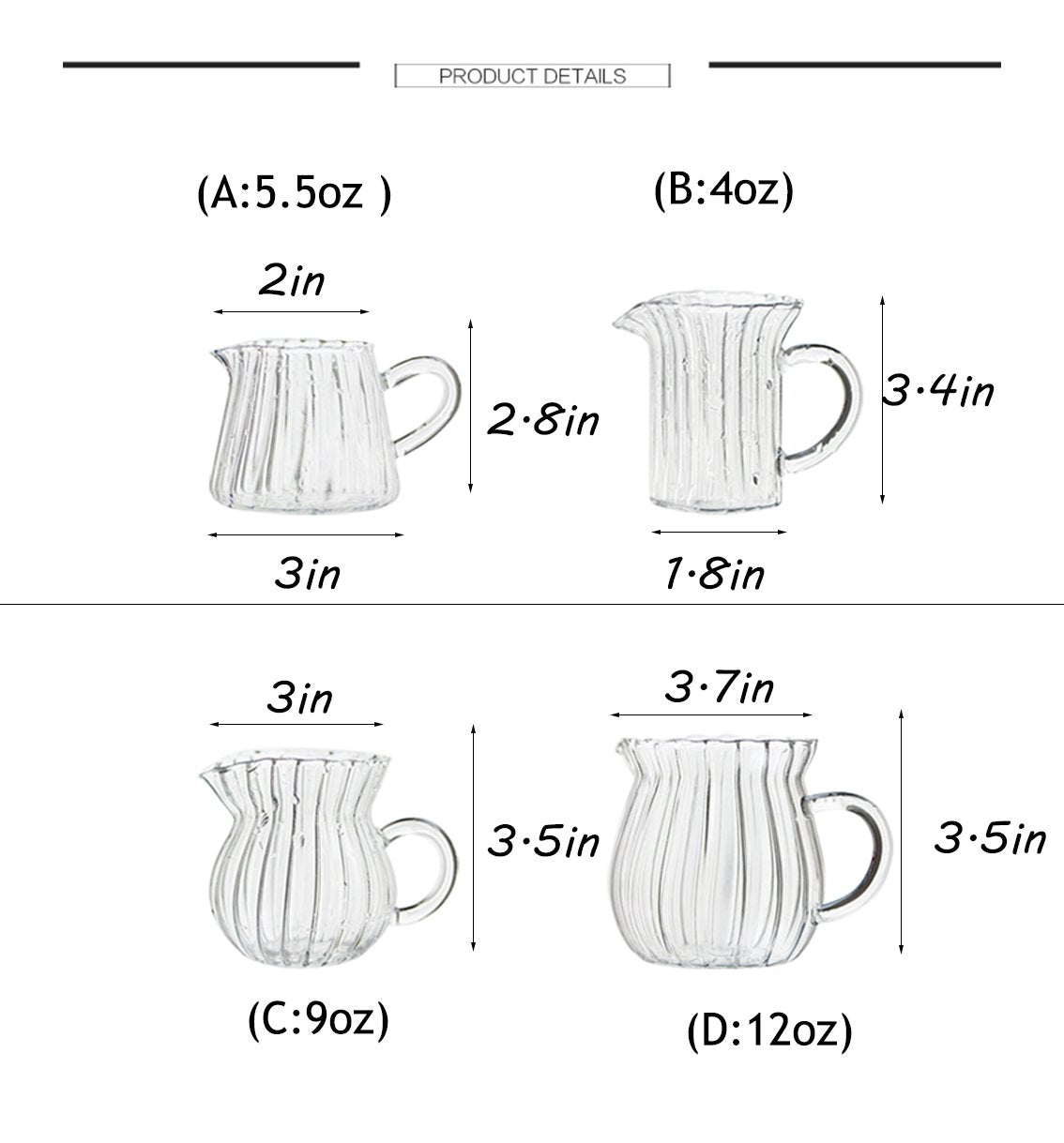 CHOOLD Creative Embossed Stripe Clear Crystal Glass Creamer Pitcher/Serving Pitcher/Sauce Pitcher/Milk Coffee Creamer Jug for Kitchen(4/5.5/9/12oz)