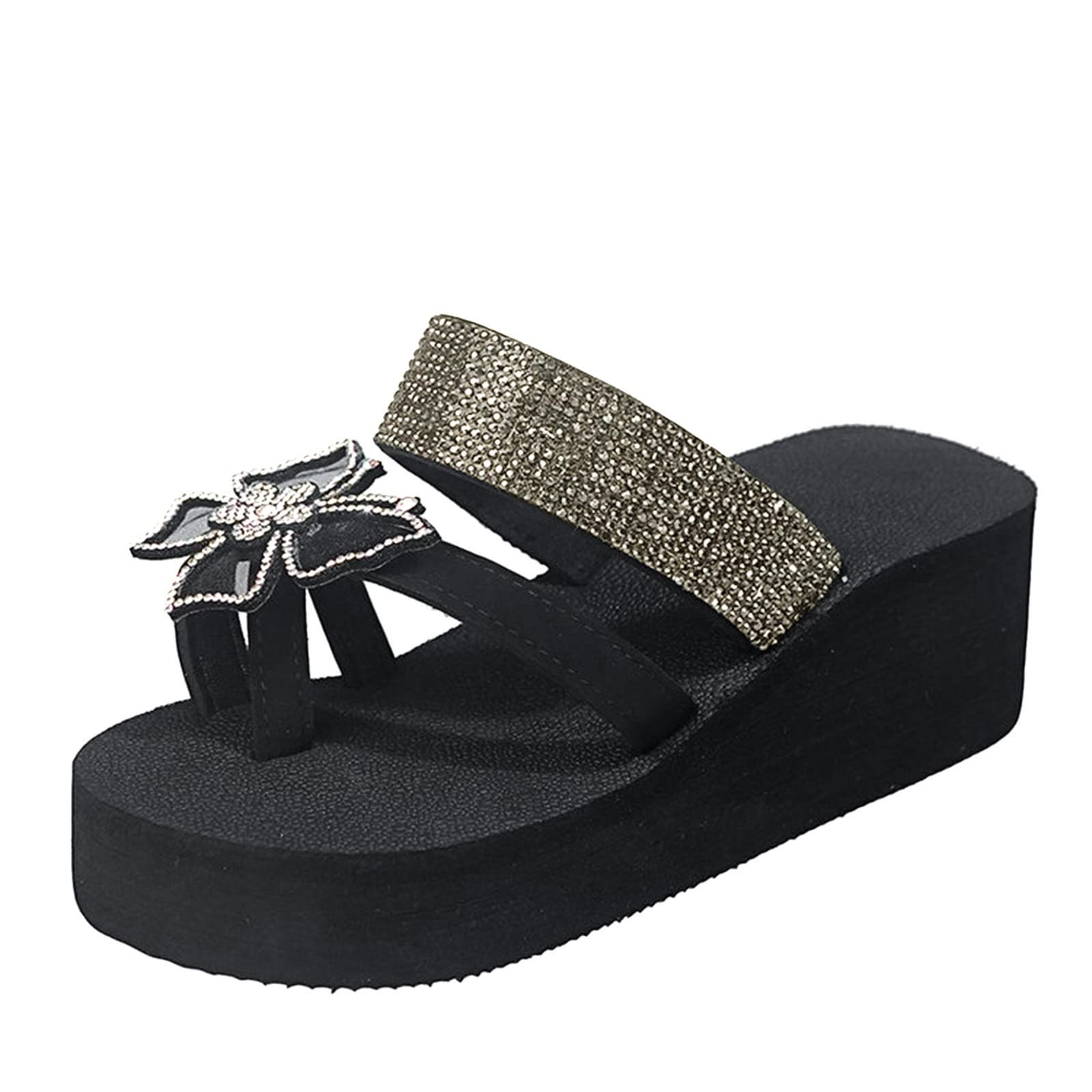 Hbeylia Platform Flip Flop for Women Rhinestones Glitter Butterfly Wedge Arch Support Sandals Comfortable Soft Cushion Nonslip W