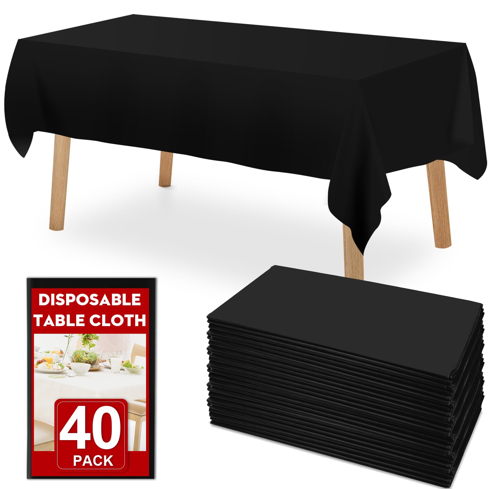 RowinsyDD 40 Pack Black Plastic Table Cloths Disposable, 54 x 108 Inches Plastic Table Cover for Rectangle Tables, Disposable Ta