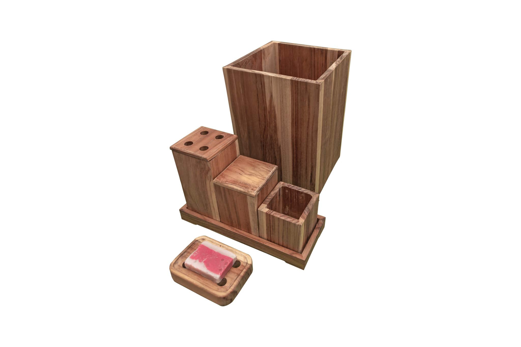 Ecodecors, Eleganto, 8 Piece, Teak Wood Bathroom Amenities Set, Bath Amenity Set, Teak Amenity Set, Teak Bathroom Accessory, Nat