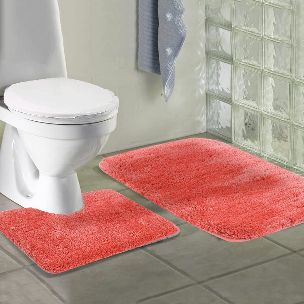 Walensee Shaggy 2 Piece Bath Rug Sets (Living Coral) 20 X 24 U Shape Contour Rug & 20 X 32 Bathroom Rug Machine Wash/Dry Bath Ma
