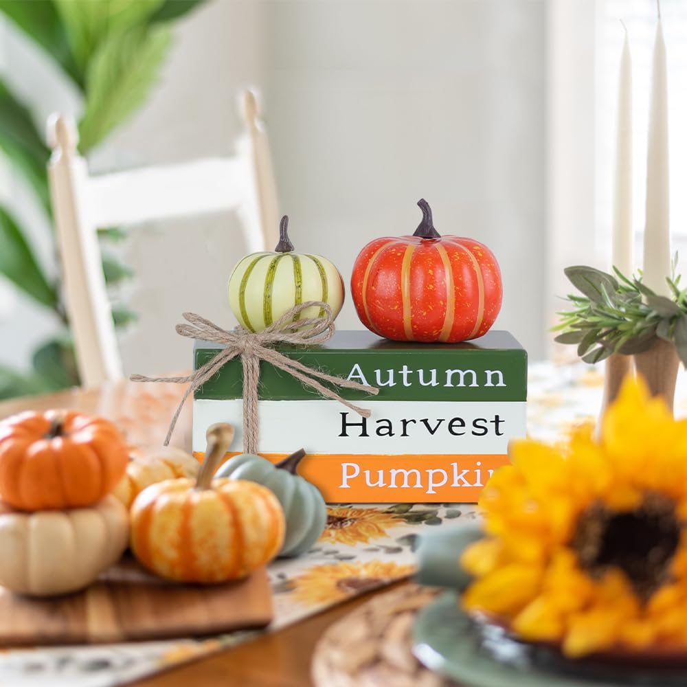 DECSPAS Fall Decorations for Home, Autumn Harvest Wooden Stacked Books Sign with Pumpkins & Bow for Fall Decor, Thanksgiving Tab