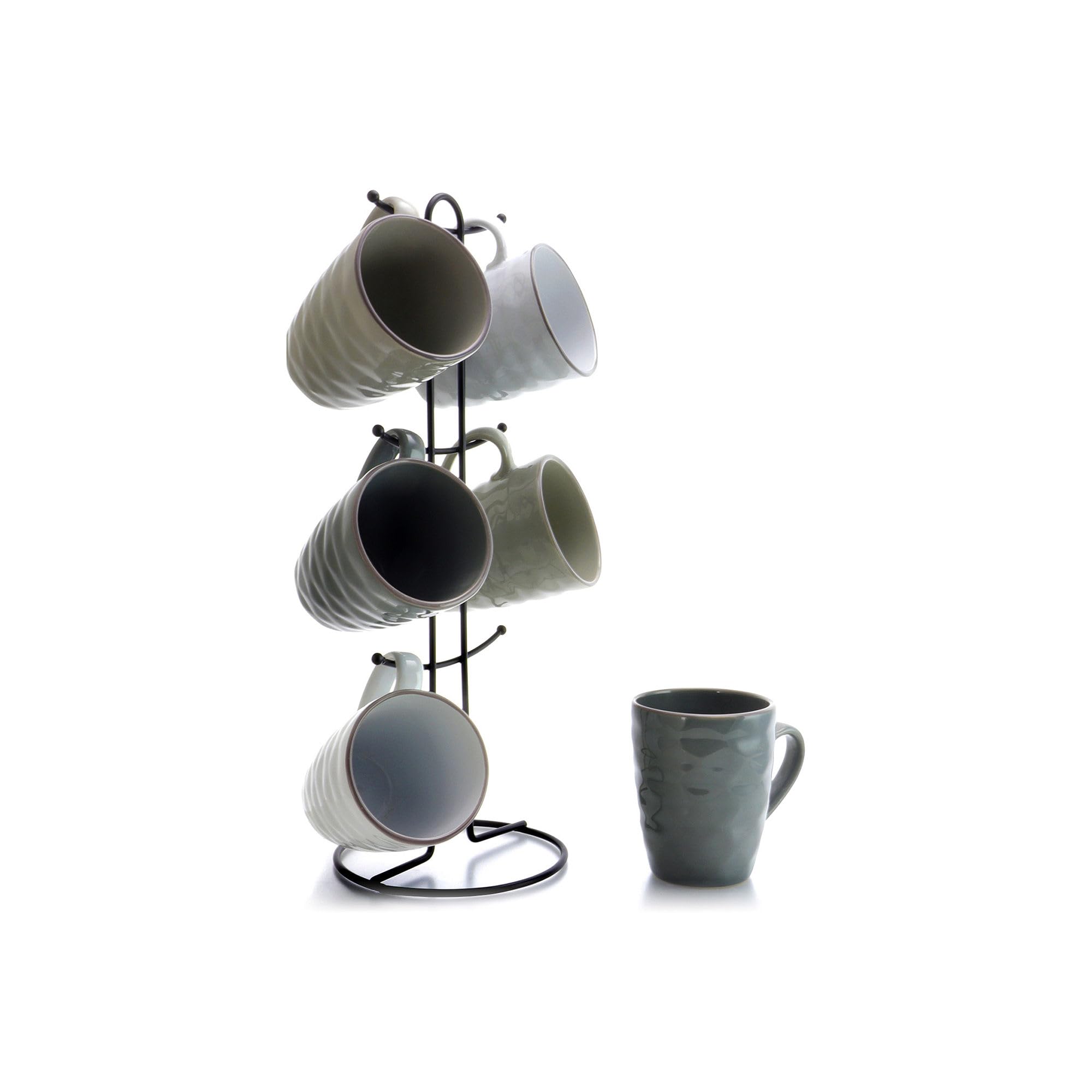 Elama Wave Series Mug Set, 7 Piece, Assorted Grey 2, 12 Ounces