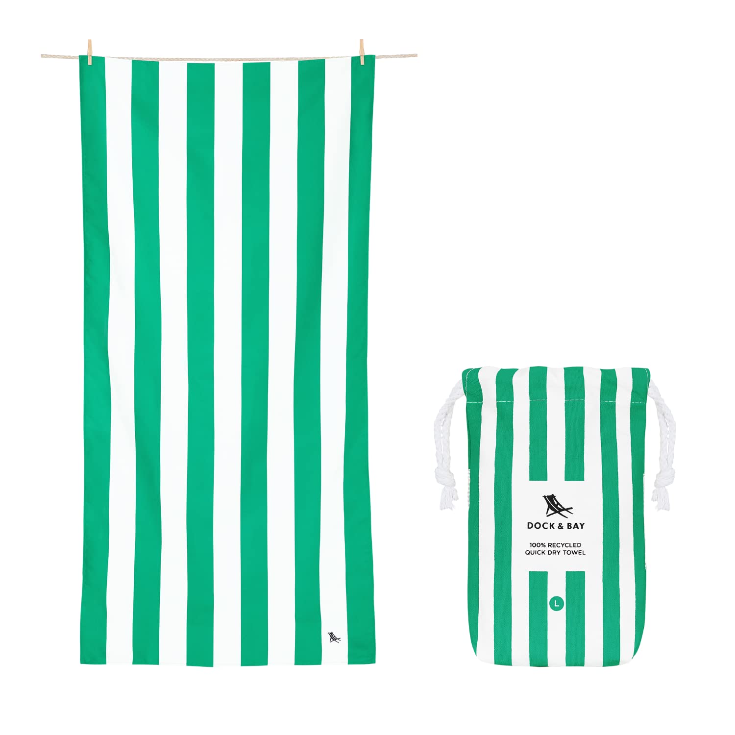 Dock & Bay Beach Towel - Quick Dry, Sand Free - Compact, Lightweight - 100% Recycled - Includes Bag - Cabana - Cancun Green - Ex