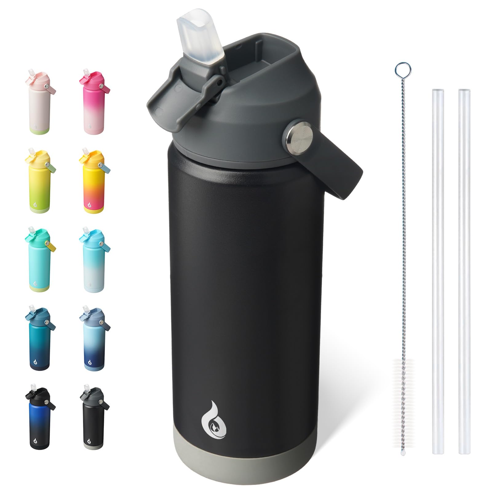 BJPKPK Insulated Water Bottle with Straw Lid, 18oz Thermo Water Bottles with Soft Nozzle, Flex Handle & Non-slip Boot, BPA Free 