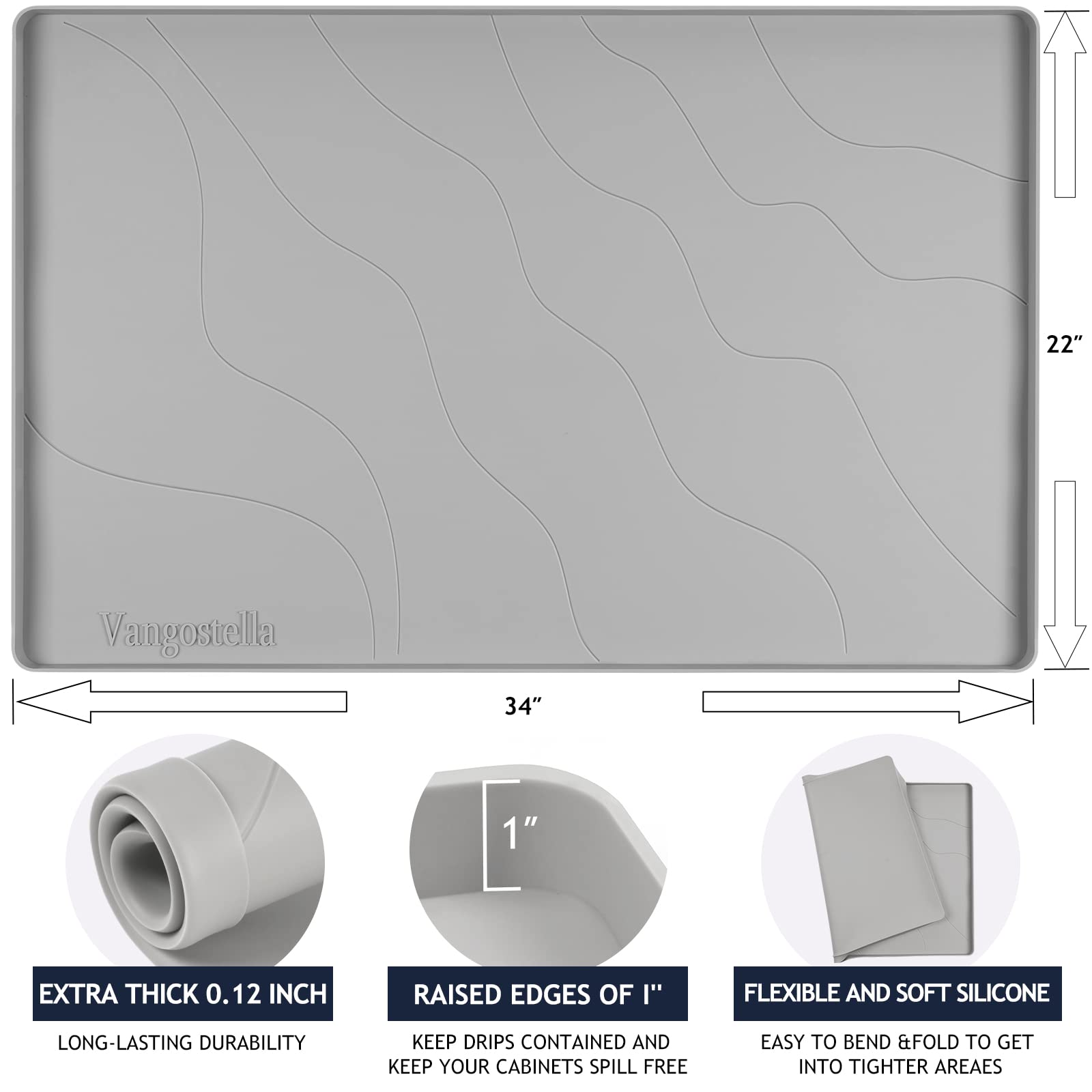 Vangostella Premium Under Sink Mats For Kitchen Waterproof 34 '' X 22 '', Extra Thick Non-Slip Silicone Under Sink Liner Drip Tr