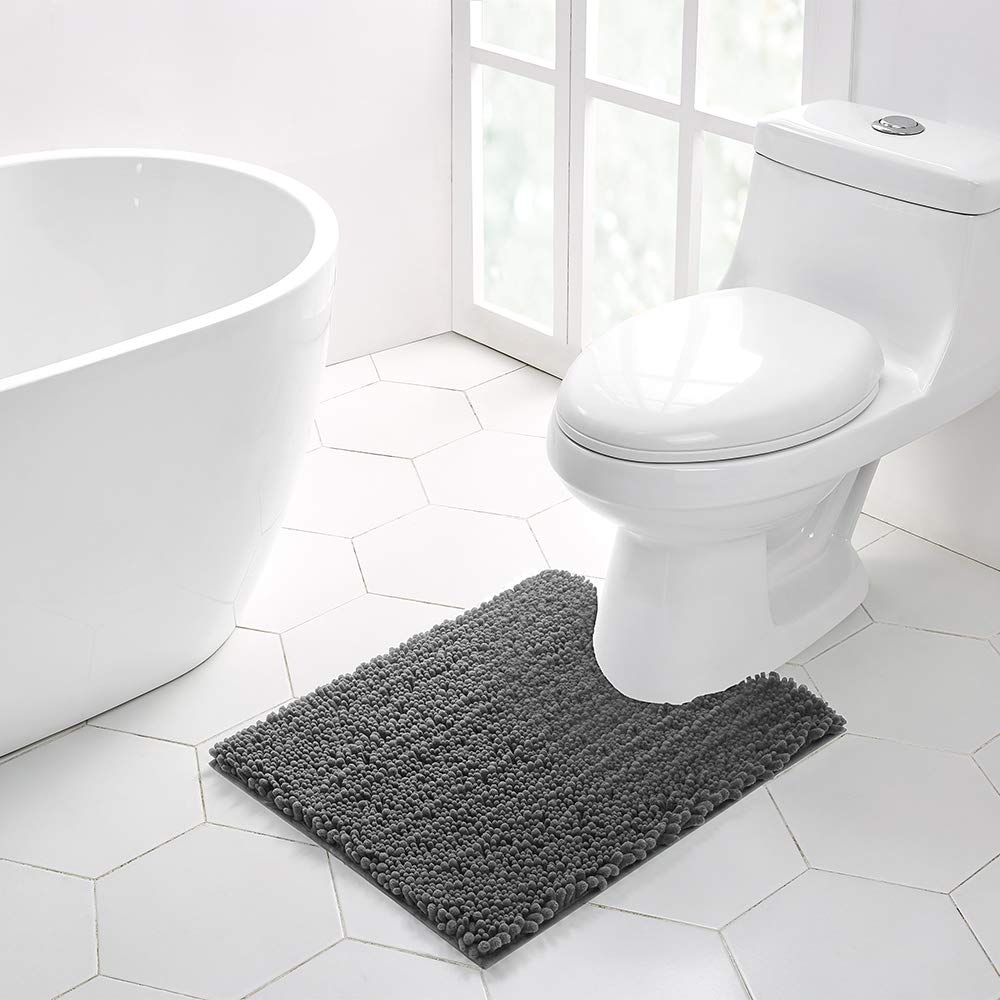 Walensee Bathroom Contour Rug Non Slip Toilet U Shaped Bath Mat (20X24, Grey) Water Absorbent Super Soft Shaggy Chenille Machine