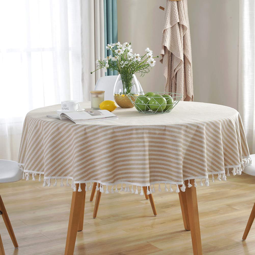 Amzali Stripe Tassel Tablecloth Cotton Linen Table Cloth Stain Resistant Dust-Proof Table Cover For Kitchen Dinning Tabletop Hom
