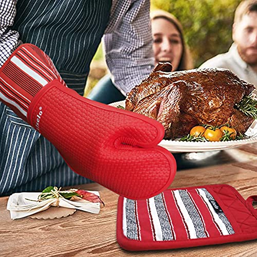 Alselo Silicone Oven Mitts Heat Resistant 550 Degree, Extra Long Kitchen Mittens With Non-Slip And Waterproof Pot Holders For Ba
