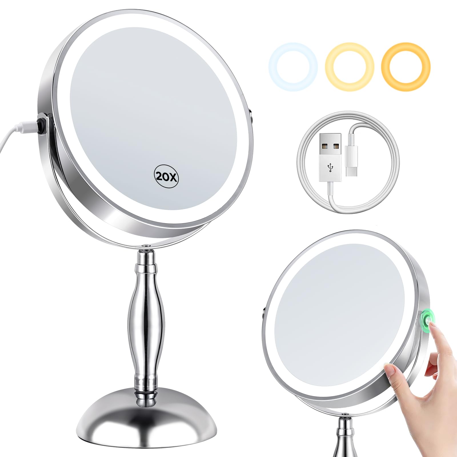 Makeup Mirror With Lights, 20X Magnifying Mirror With Light And Stc- Side Charging & Side Touch Switch, Vanity Mirror With 3 Col