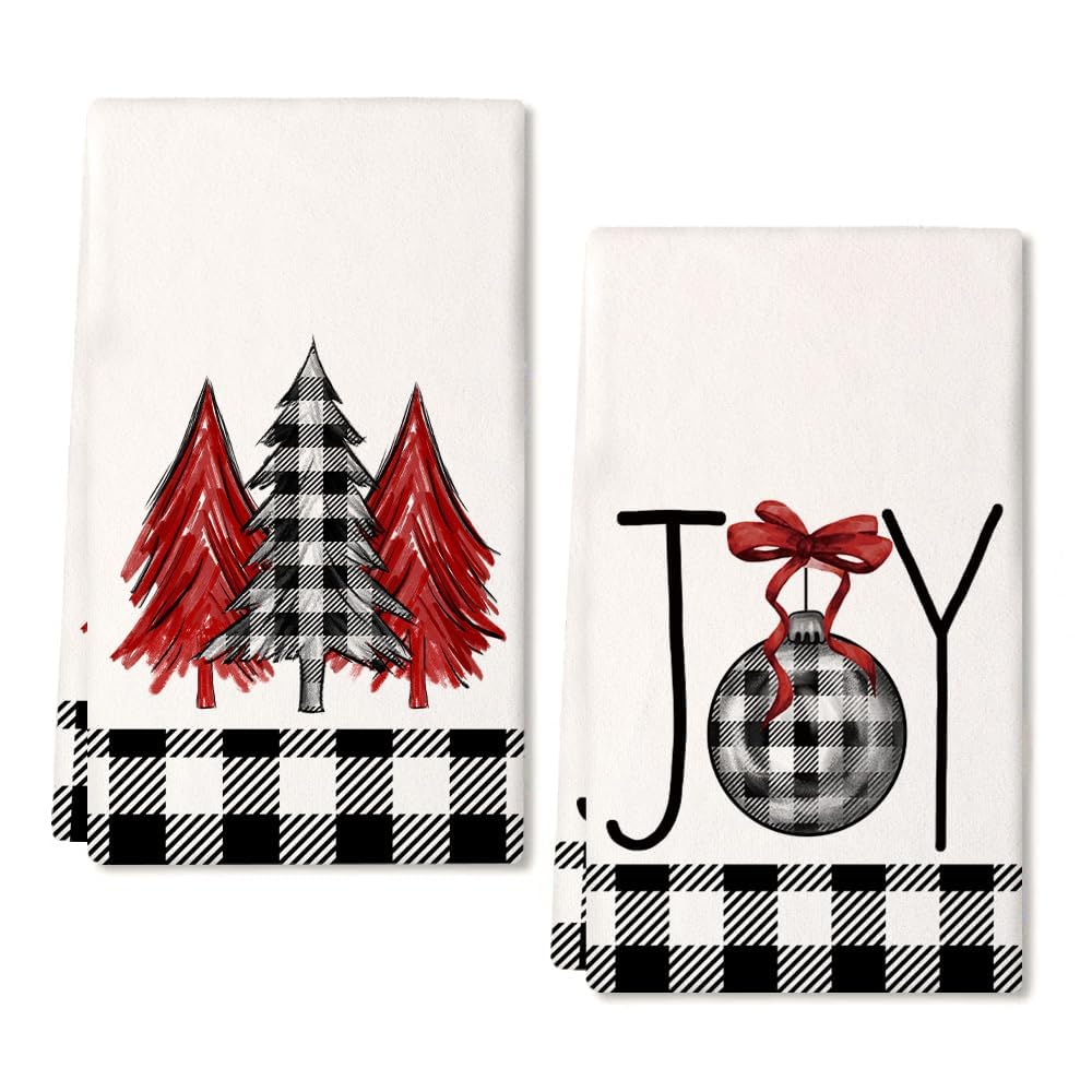 Arkeny Christmas Dish Towels For Christmas Decor Black Buffalo Plaid Xmas Tree Kitchen Towels 18X26 Inch Joy Noel Red Christmas