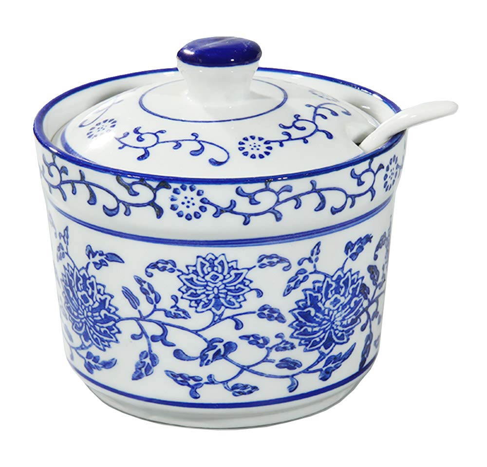 123Arts Ceramic Blue And White Sugar Bowl Spice Jar With Lid Spoon Seasoning Pot