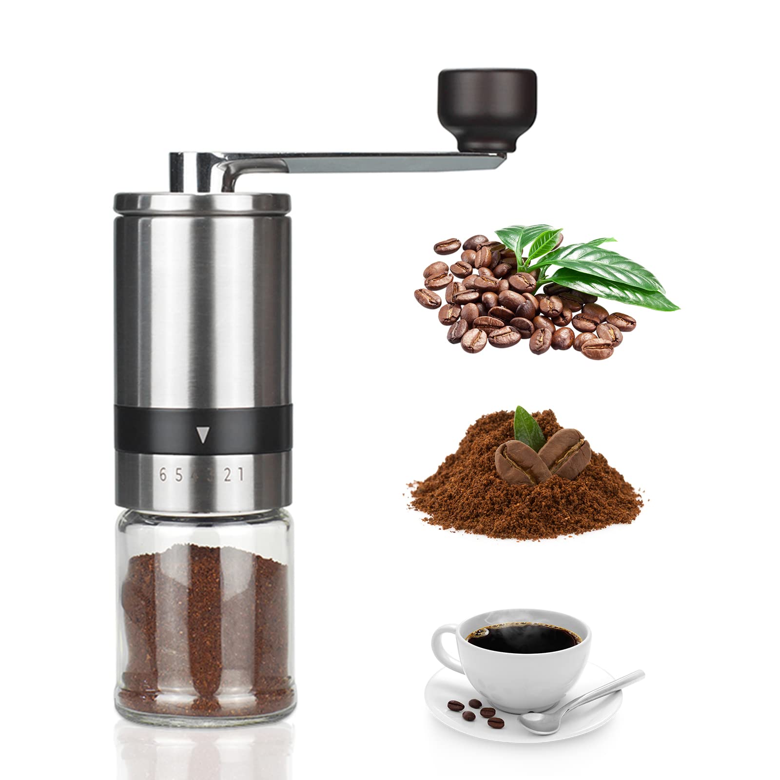 Koyatti Manual Coffee Grinder Stainless Steel With Conical Ceramic Burrs,6 Adjustable Setting,Portable Vintage Hand Coffee Bean