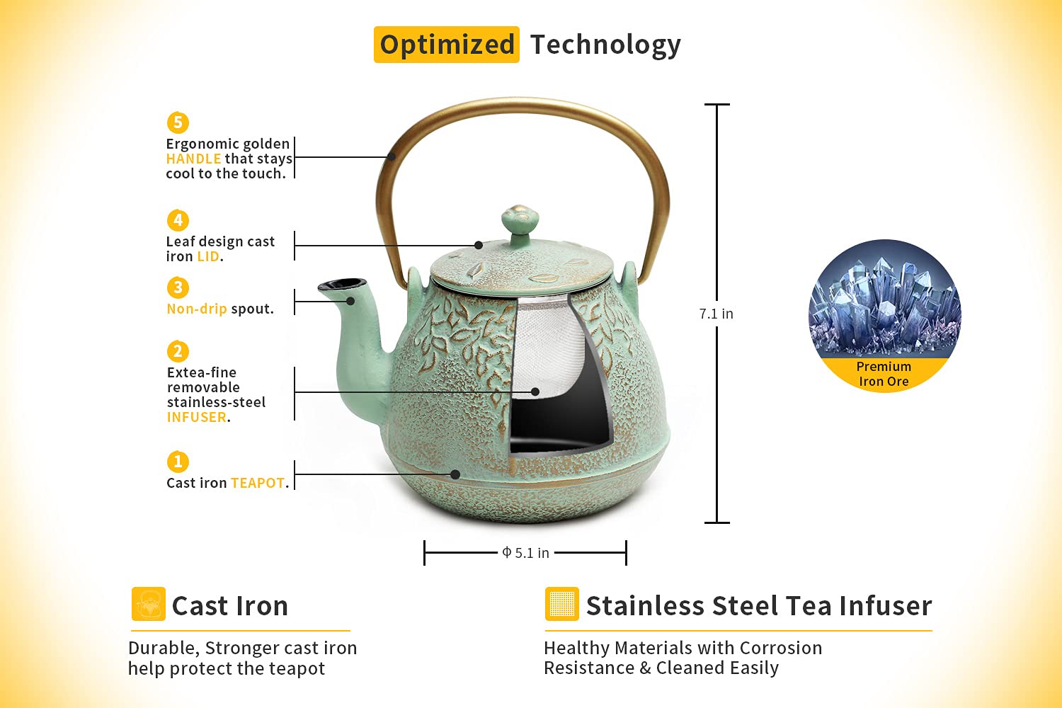 Toptier Japanese Teapot With Stainless Steel Infuser, Cast Iron Tea Kettle Stovetop Safe, Leaf Design Coated With Enameled Inter