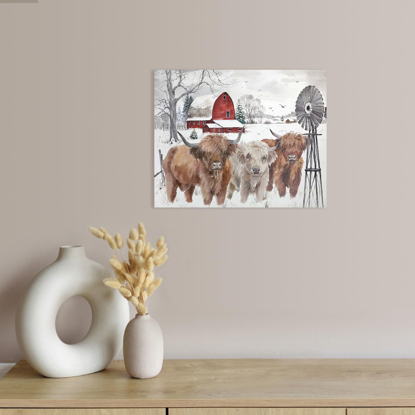 Highland Cow Pictures Christmas Decor: Merry Christmas Wall Art Cow Paintings Farmhouse Decor Rustic Barn Canvas Prints Winter F