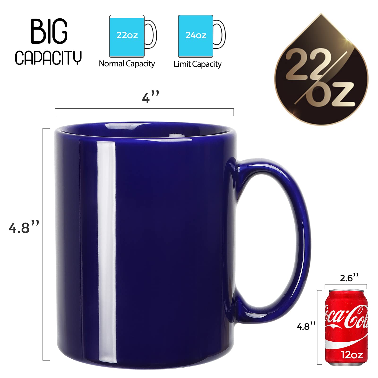 22 Oz Extra Large Coffee Mug, Harebe Smooth Ceramic Boss Giant Tea Cup Big Capacity And Handle For Dad Men, Blue