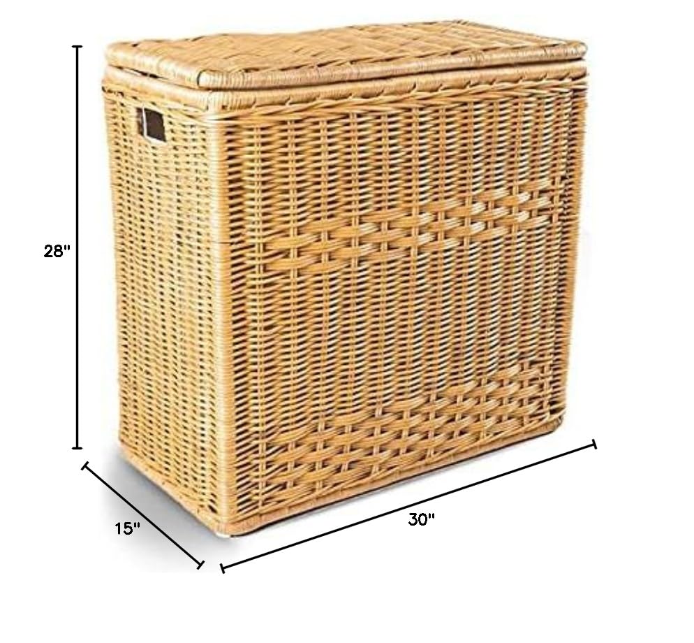 The Basket Lady 3-Compartment Wicker Laundry Sorter Hamper, 30 In L X 15 In W X 28 In H, Sandstone