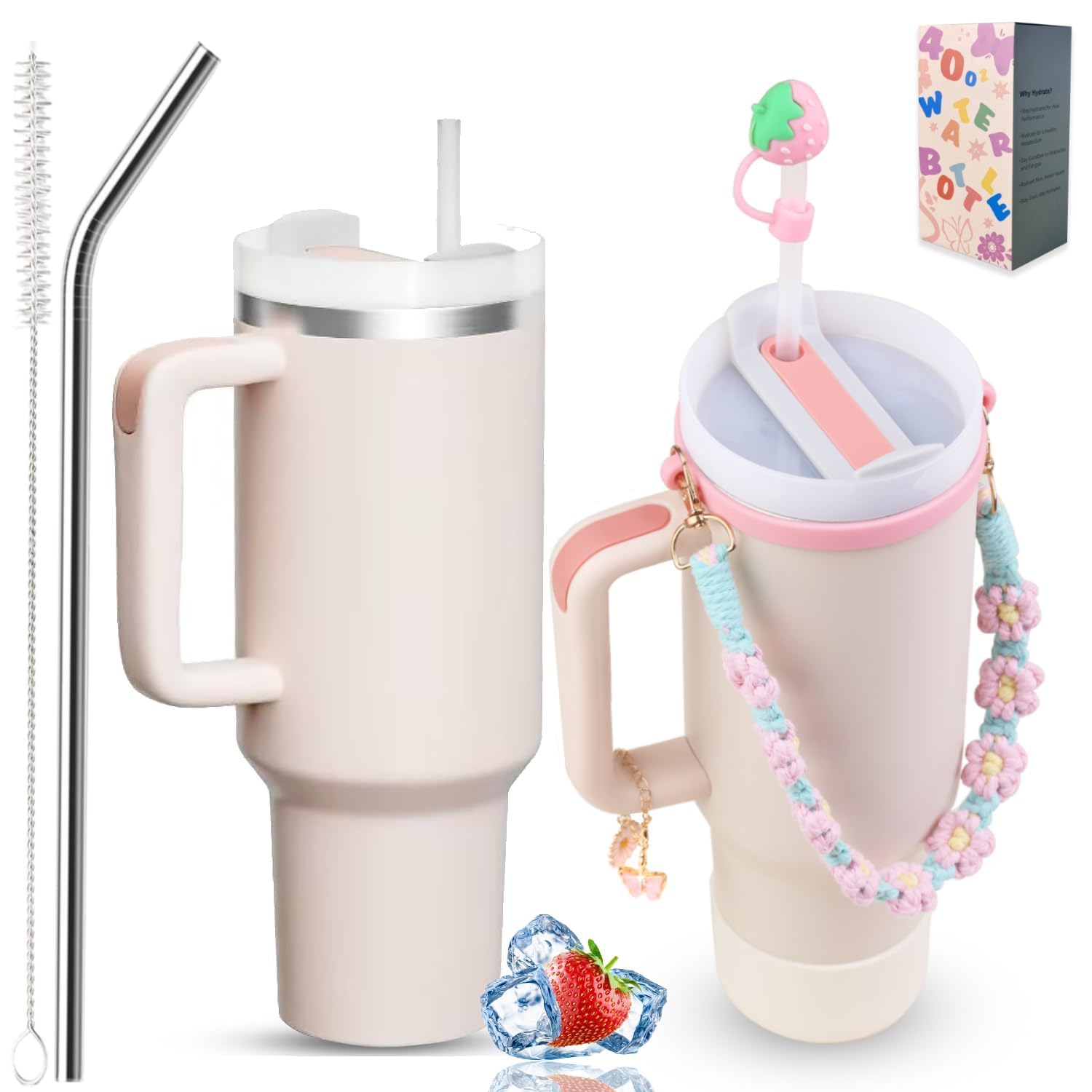 Sanilinwild 40 oz Tumbler Insulated Mug w/Straw & Flip Cap Lids  Cup Holder Bottle with 6 Accessories Set for Hot, Cold Drink 