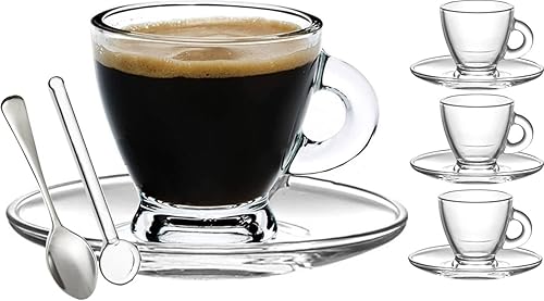 BOHEM'S Espresso Cups  3.2 oz Small Demitasse Clear Glass Espresso Drinkware  Set Of Cups  Saucers and Stainless Steel mini Spoons + Free Glass Spoons (set of 4)