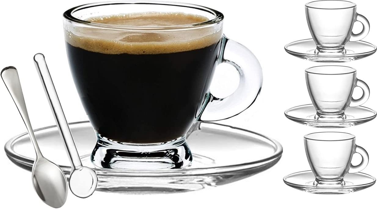 Bohem'S Espresso Cups, 3.2 Oz Small Demitasse Clear Glass Espresso Drinkware, Set Of Cups, Saucers And Stainless Steel Mini Spoo