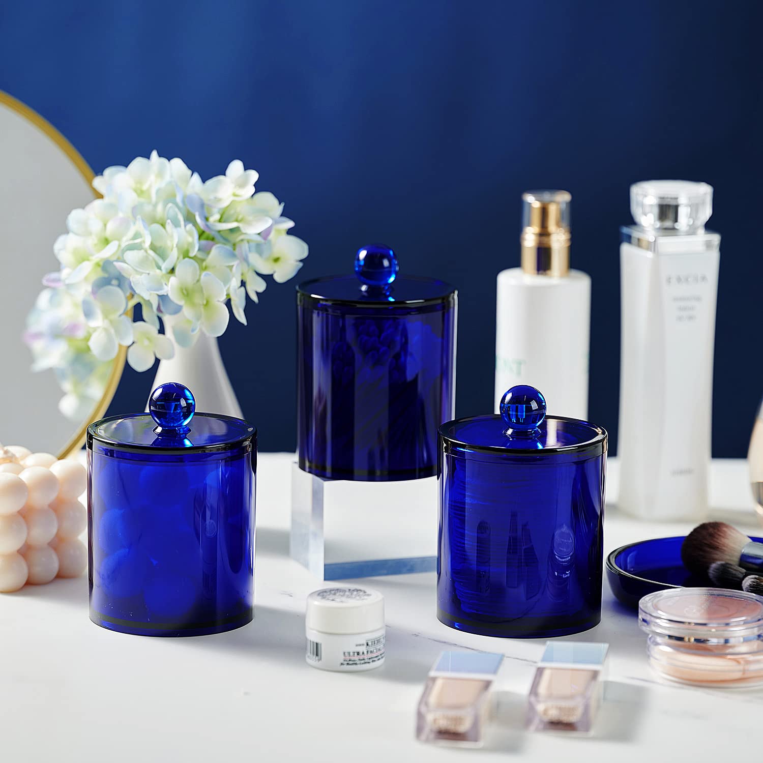 Sheechung 6 Pack Qtip Dispenser Apothecary Jars Bathroom With Labels - Qtip Holder Storage Canister Clear Plastic Acrylic Jar Fo