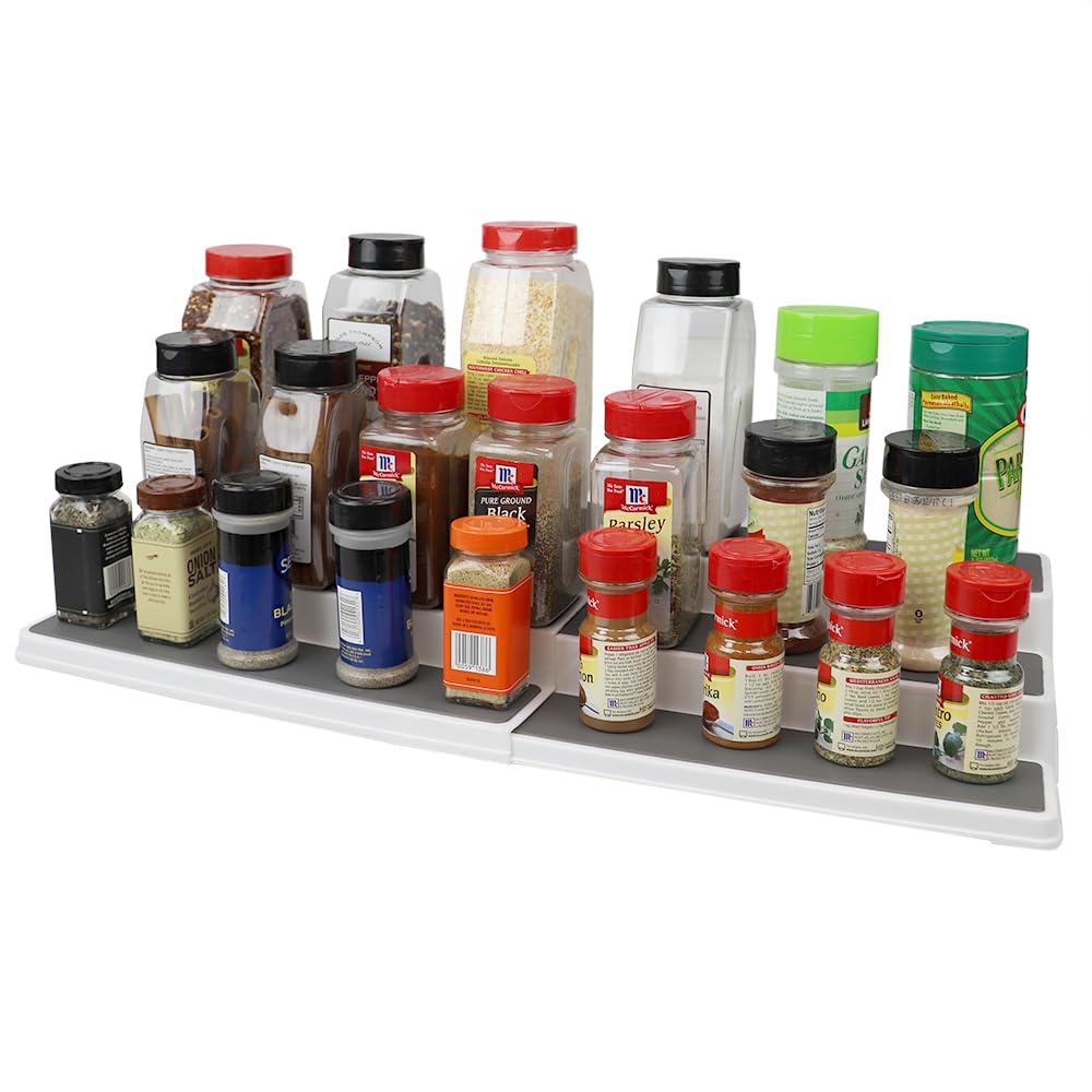 Home Basics 3-Tiered Plastic Expandable Spice Rack with Silicone Lined Anti-Slip Tiers, (White) Adjustable Length Kitchen Organi