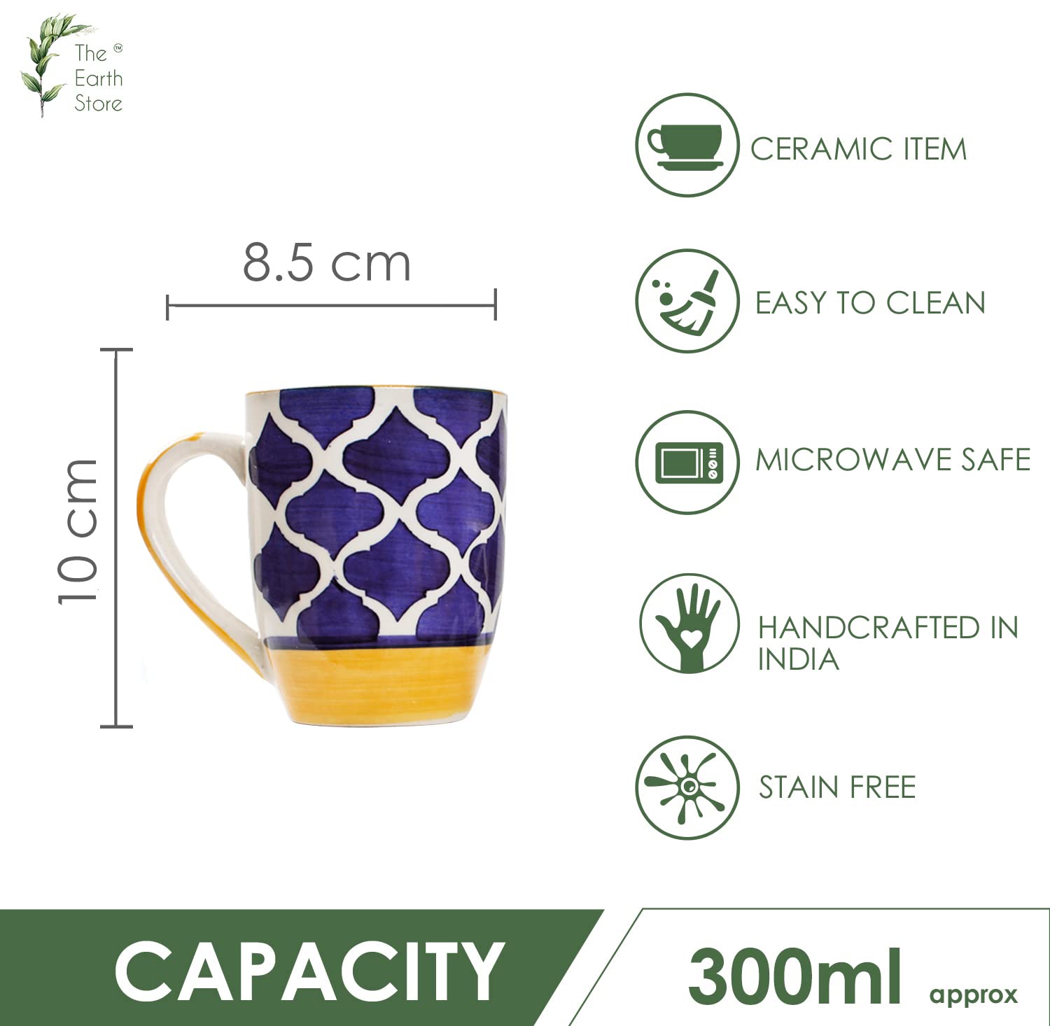 The Earth Store Moroccan Yellow Blue Coffee Mug Set of 2 Ceramic Tea Mugs, Milk Mugs,Microwave Safe Coffee Mugs,Ceramic Tea Cups