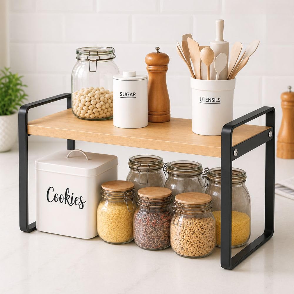 Decorlaay Multipurpose Kitchen Counter Storage Rack  Wooden Countertop Organizer For Spices, Jars, Canisters & Utensils