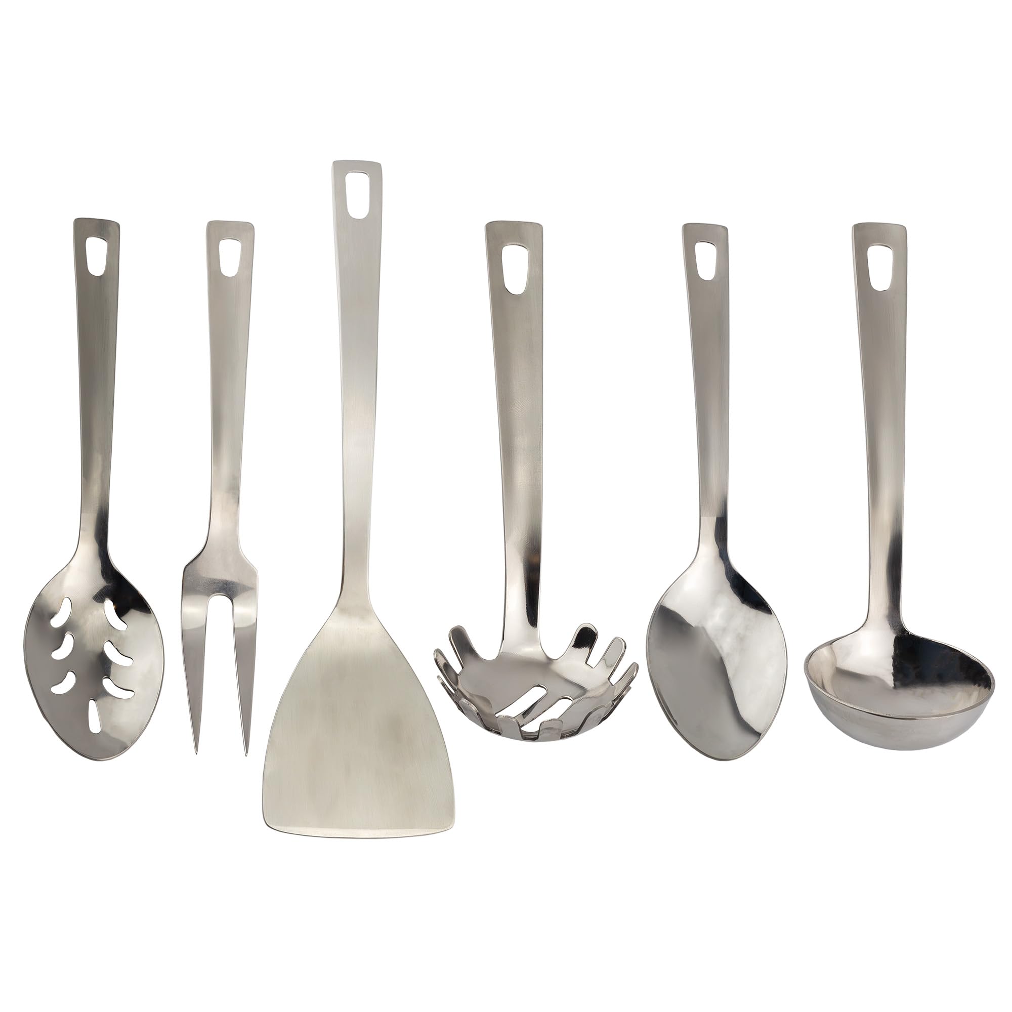 Darware Complete Serving Spoon & Utensil Set (6-Piece Set, Silver); w/Pasta Server, Fork, Spoon, Slotted Spoon, Ladle, & Cake/Ca