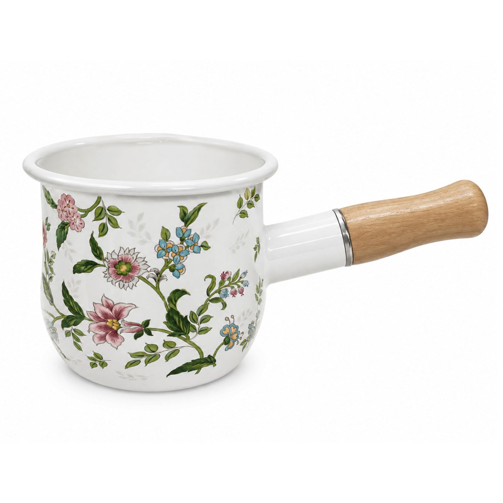Milk Pan, Milk Warmer Pot, Mini Floral Enamel Saucepan with Wooden Handle for Melting Butter Single Serve Cooking