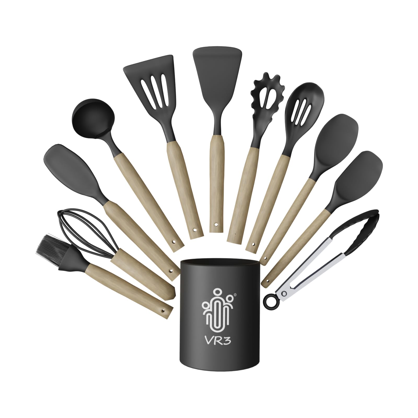 Vr3 12Piece Silicone Kitchen Utensil Set With Wooden Handles | BpaFree | Heat Resistant | Flexible & NonToxic Silicone | Non