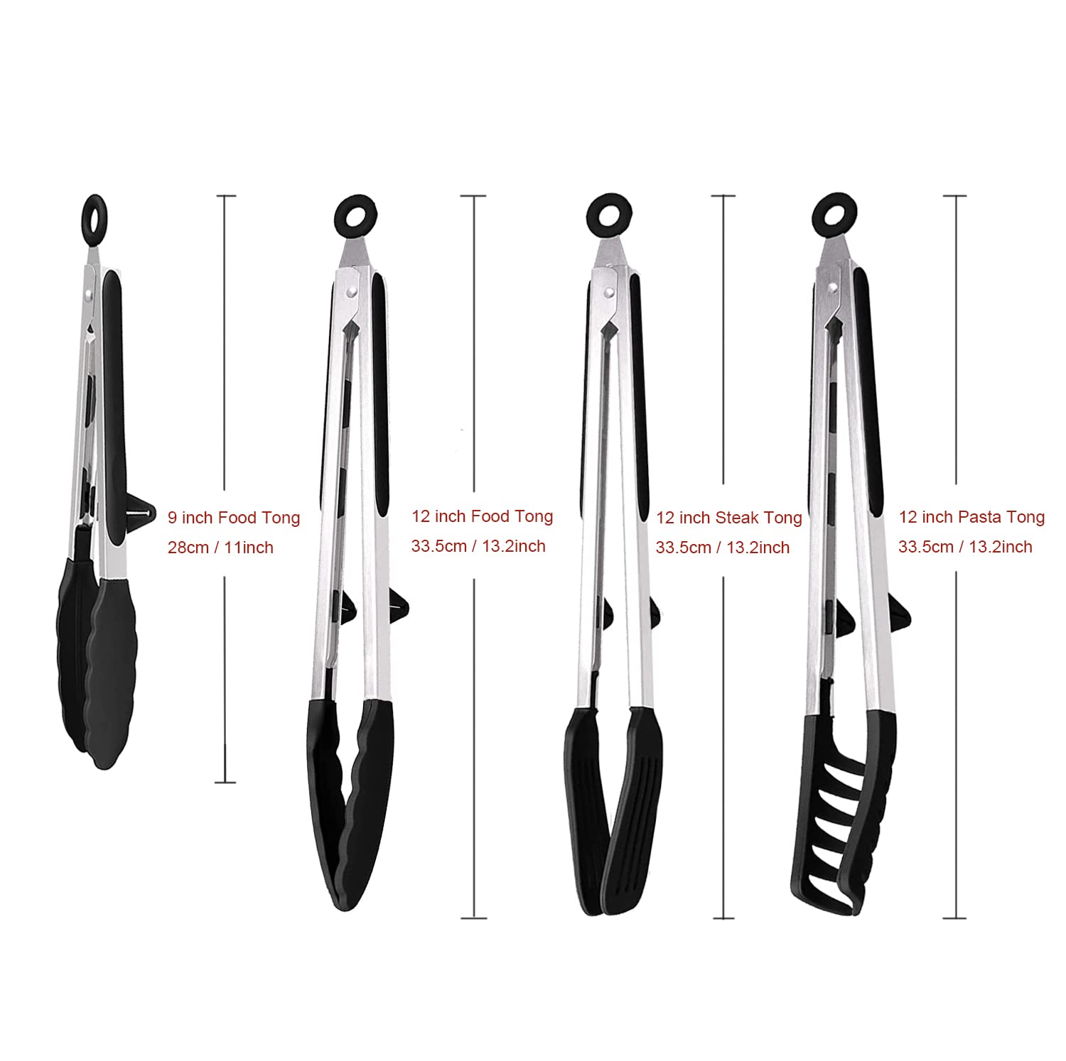 4 Pack Silicone Kitchen Cooking Tongs Set, Stainless Steel Nonstick Food Tong With Bpa Free Silicone Tips For Serving Pasta Spag
