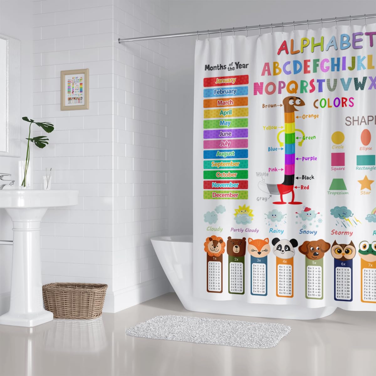 Zxmbf Abc Educational Shower Curtain Kids Learning Tool Funny Cartoon Animals Colors Shapes Weathers Multiplication Table Girls