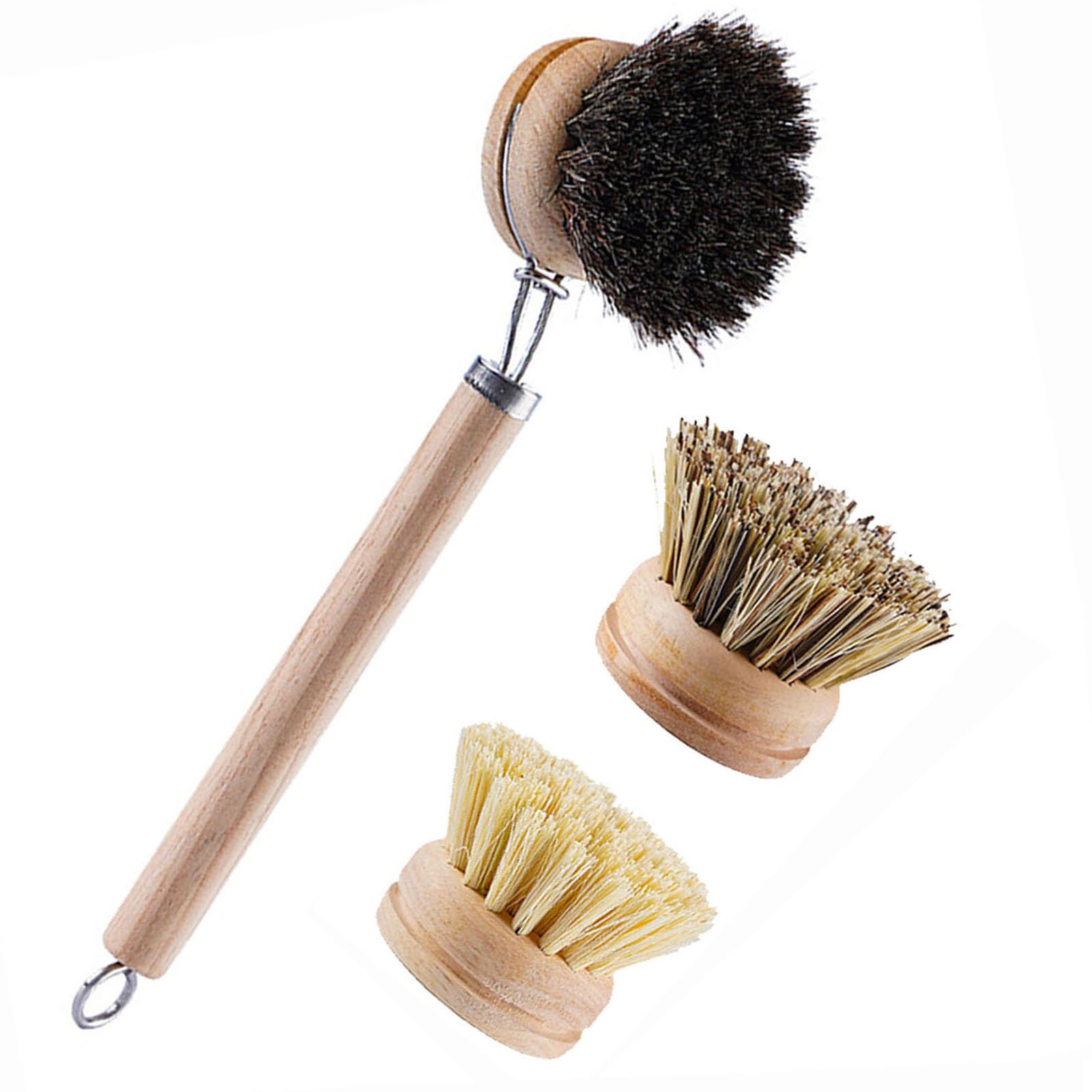 SUPRNN Bamboo Dish Brush with Handle, 1 Sturdy Wooden Handle with 3 Natural Bristle Heads, Horsehair, Sisal, Palm  All Purpose 