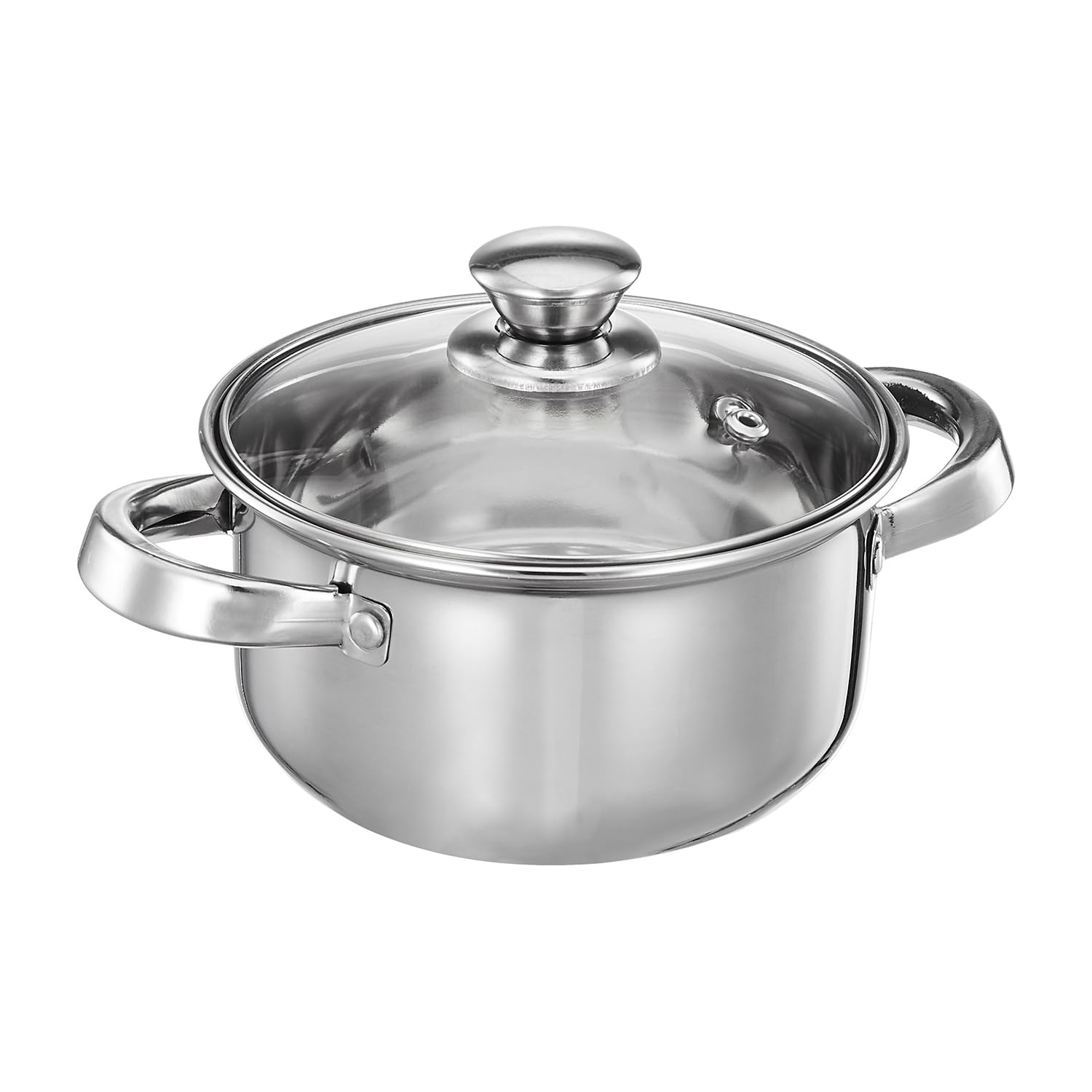 Amazon Brand - Solimo Stainless Steel Casserole With Glass Lid | Gas Stove Compatible | Dishwasher-Safe | 14 Cm