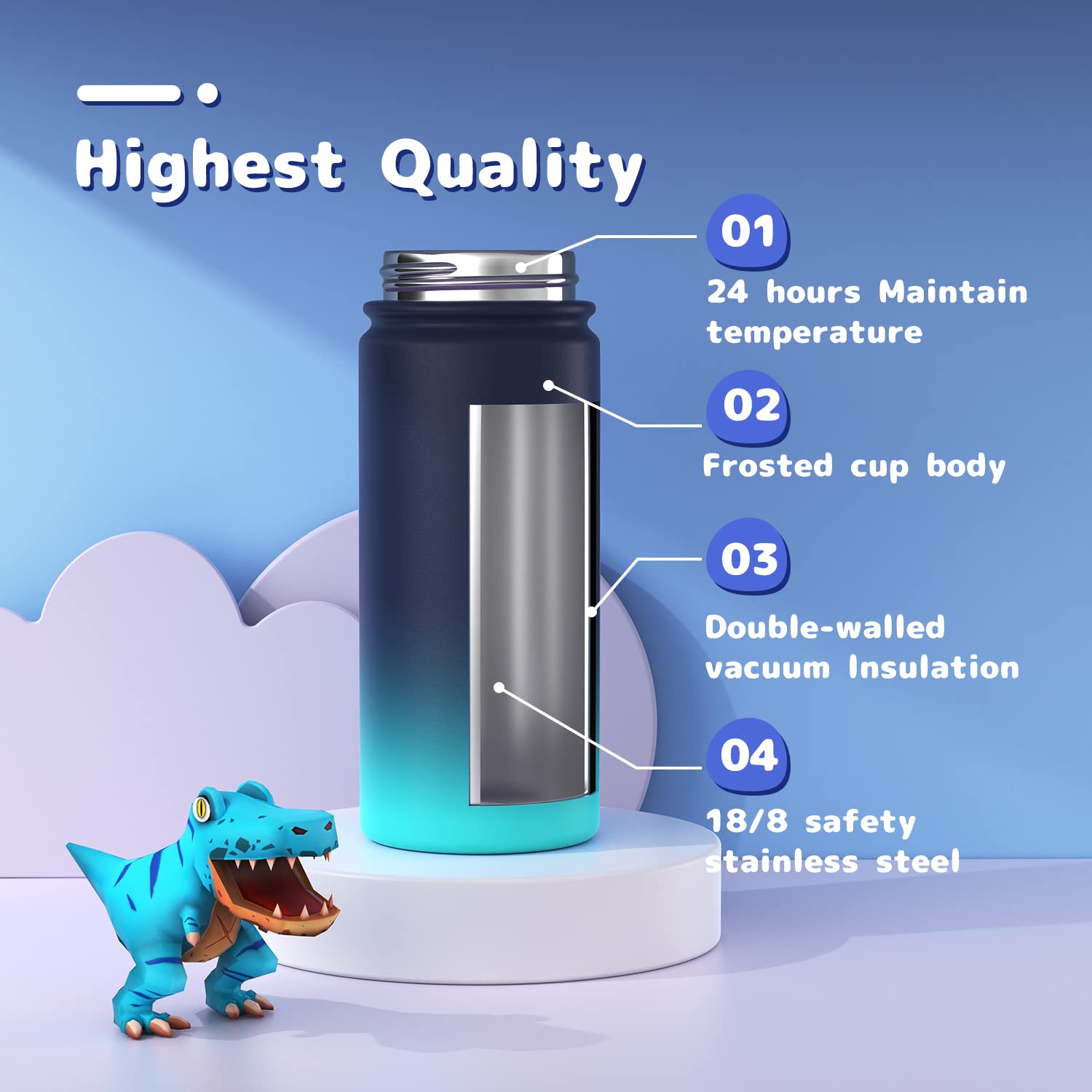Kids Water Bottle, 16Oz Water Bottles Kids With Straw And Stickers, Stainless Steel Vacuum Double Wall Insulated Cup, Kids Water