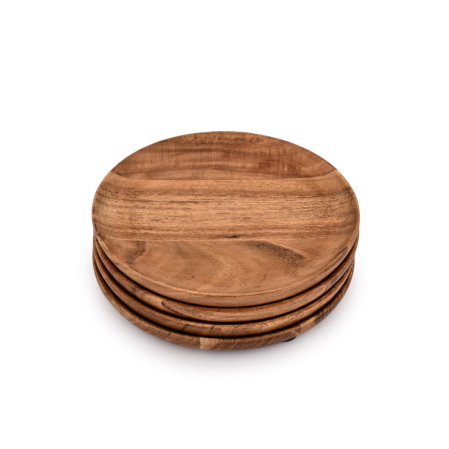 Samhita Acacia Wood Round Wood Plates Set of 4  Easy Cleaning & Lightweight for Dishes Snack  Dessert.(7'' x 7'' x 1'')