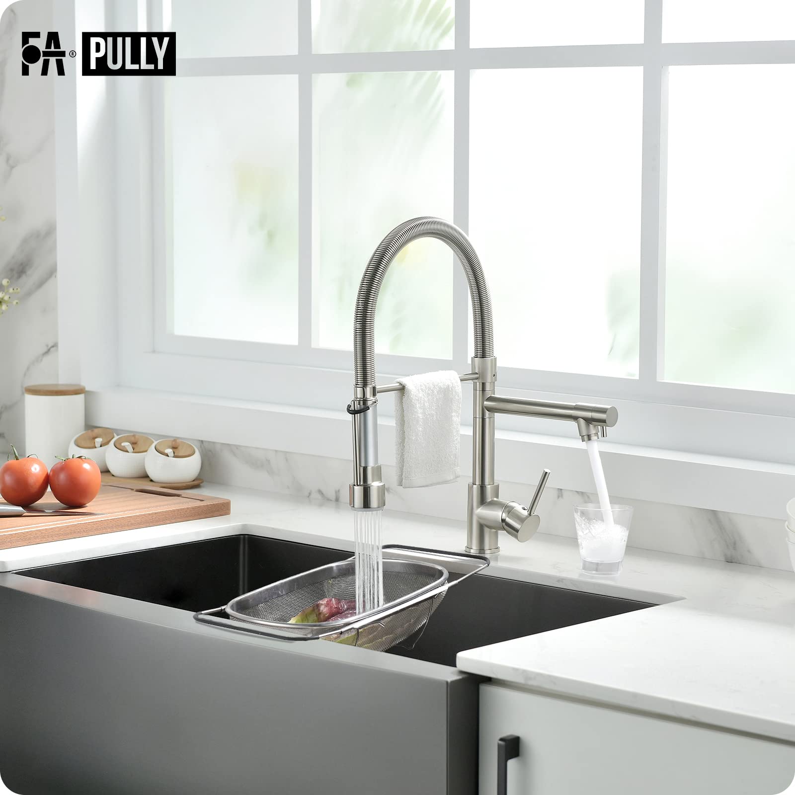 Fapully Pull Down Kitchen Faucet with Lock Sprayer Single Handle Spring Stainless Steel Kitchen Sink Faucet Brushed Nickel