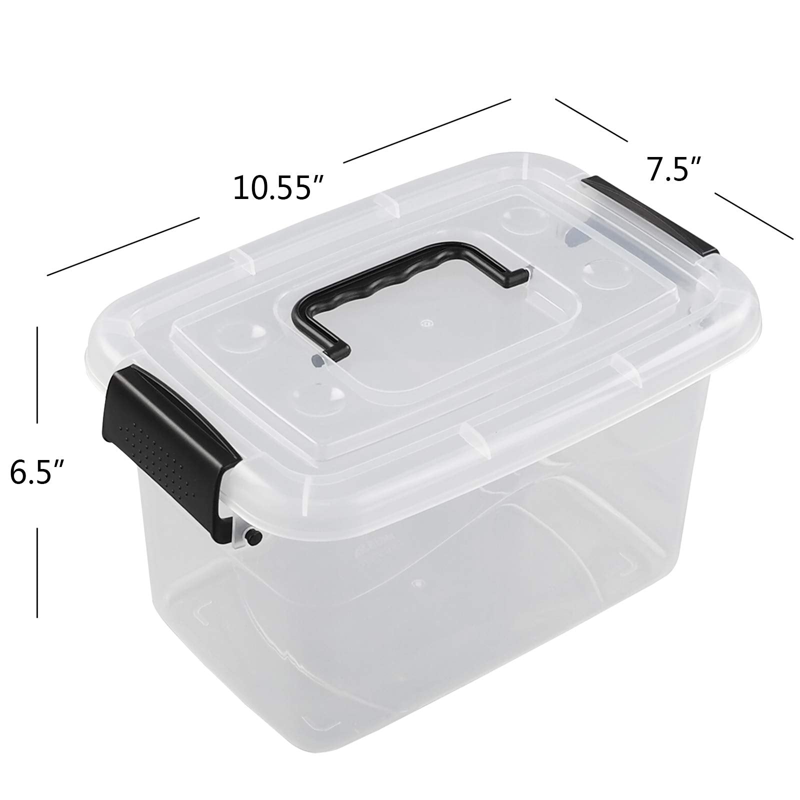 Jandson 5 Quart Clear Storage Bin, Latching Box Container With Black Handle, 6 Packs
