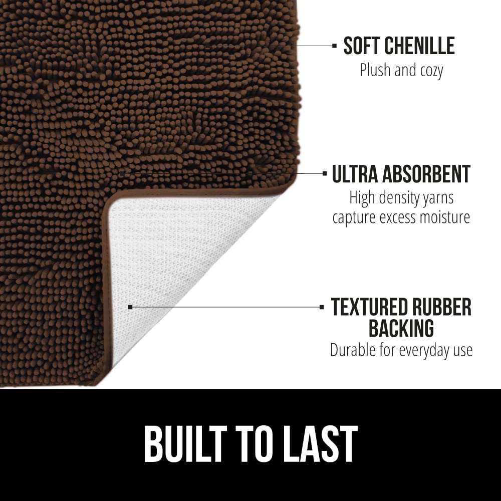 Gorilla Grip Bath Rug  Thick Soft Absorbent Chenille Rubber Backing Bathroom Rugs  Microfiber Dries Quickly  Shaggy Machine Washable Mats  Plush Durable Rug  Bathtub and Shower Floor  24x17  Brown
