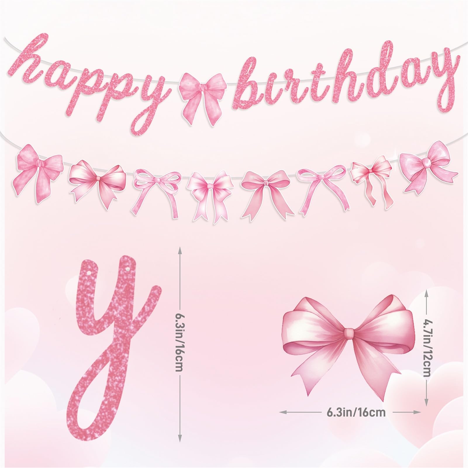 Pink Bow Happy Birthday Banner Garland for Girl Pink White Bow Party Decor Coquette Birthday Party Decorations
