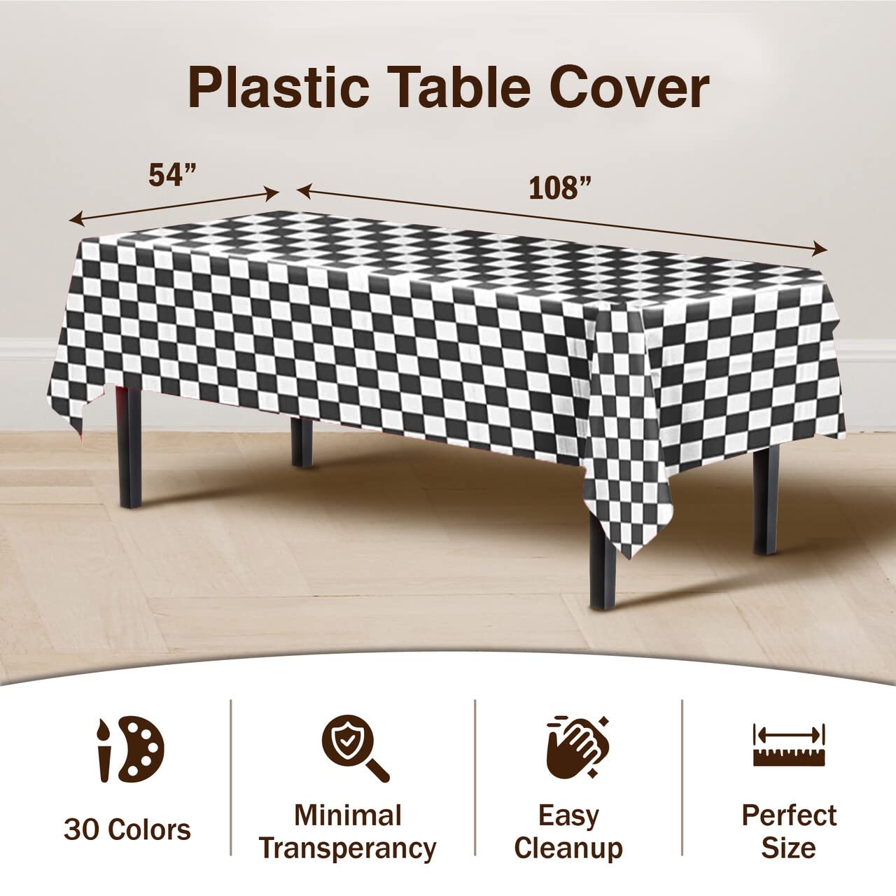 Exquisite 6 Pack - Premium Plastic Tablecloth 54In. X 108In. Rectangle Table Cover - Checkered