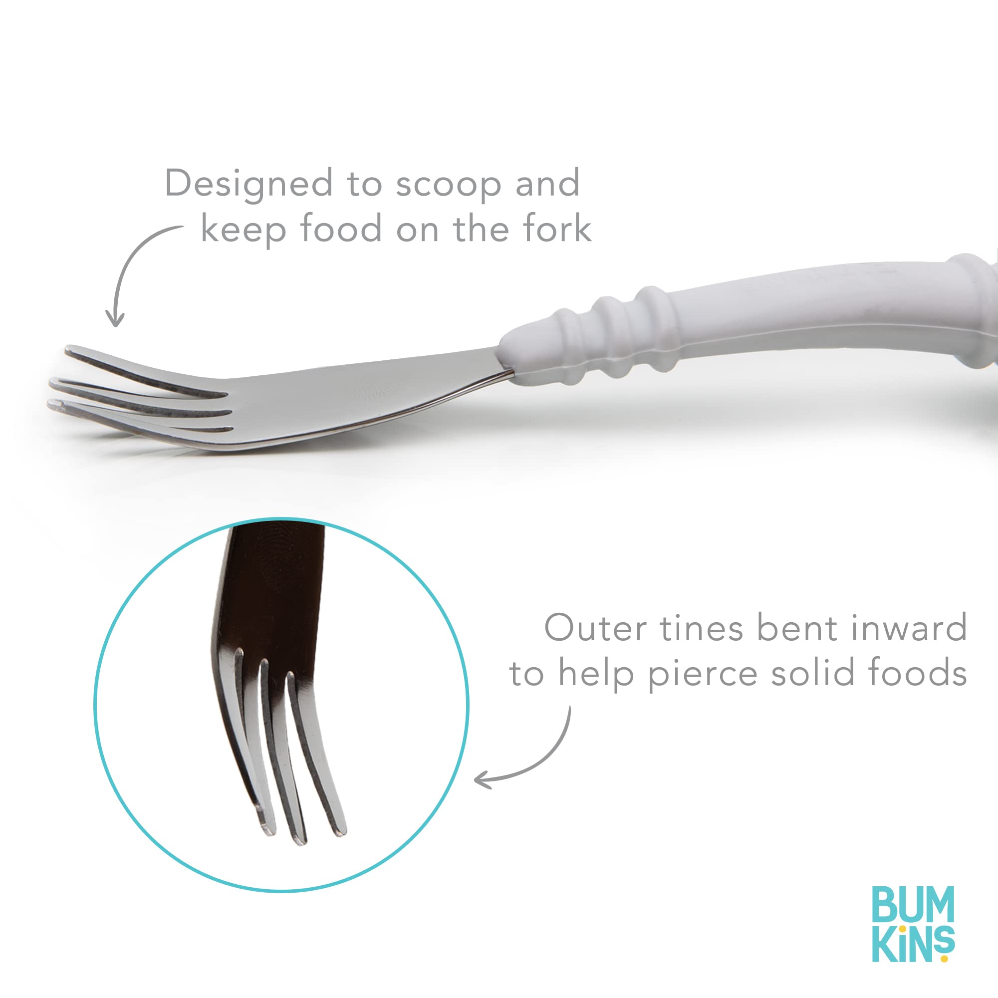 Bumkins Toddler Utensils, Kids Size Fork and Spoon Set, Silicone and Stainless-Steel Training Silverware, Angled Forks / Sporks