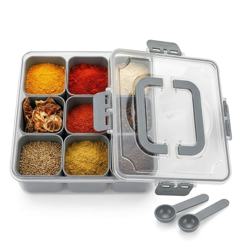 Fampoux Masala Box For Spice,Transparent Plastic Organiser Box And Storage Container For Kitchen,Dabba Organizer With 9 Containe