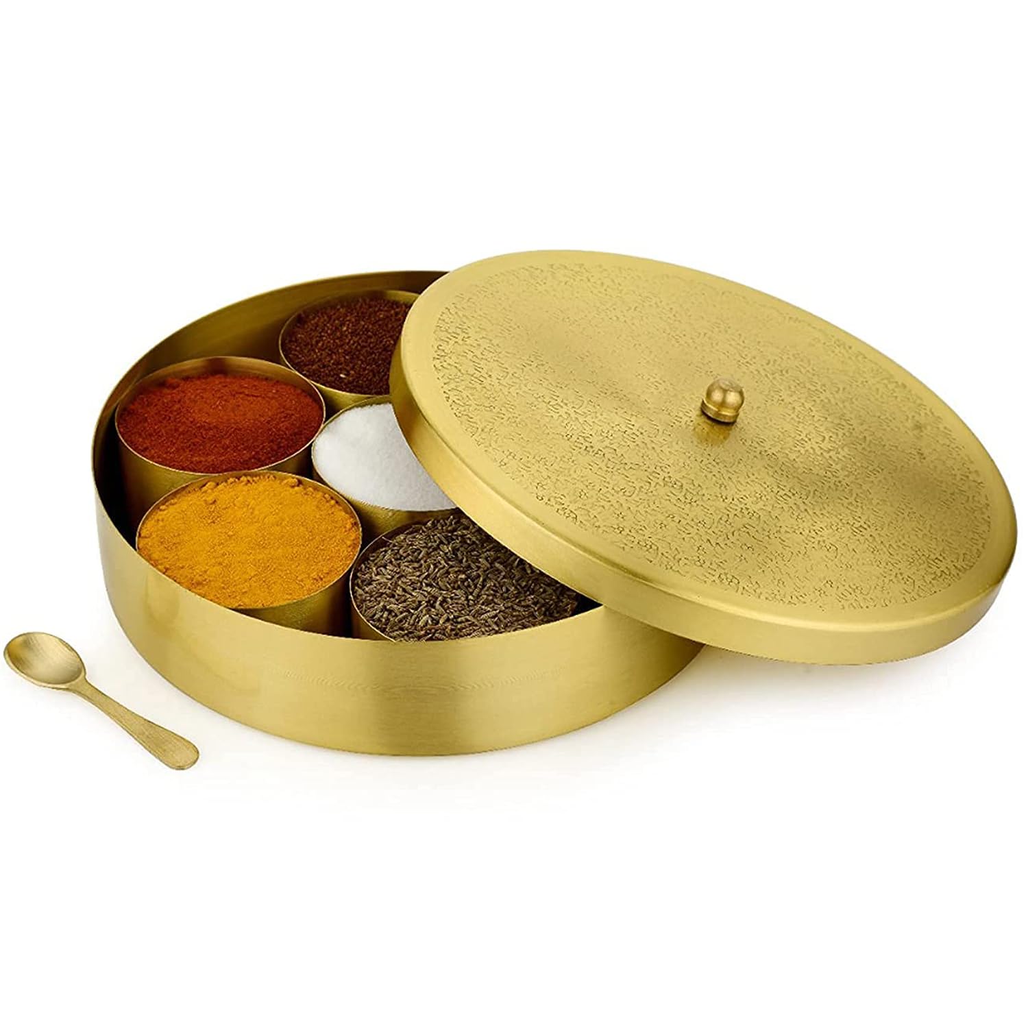 Prisha India Craft Handcrafted Brass Spice Box Set For Kitchen With Spoon (7 Containers, 90 Ml)  Brass Masala Box For Kitchen 