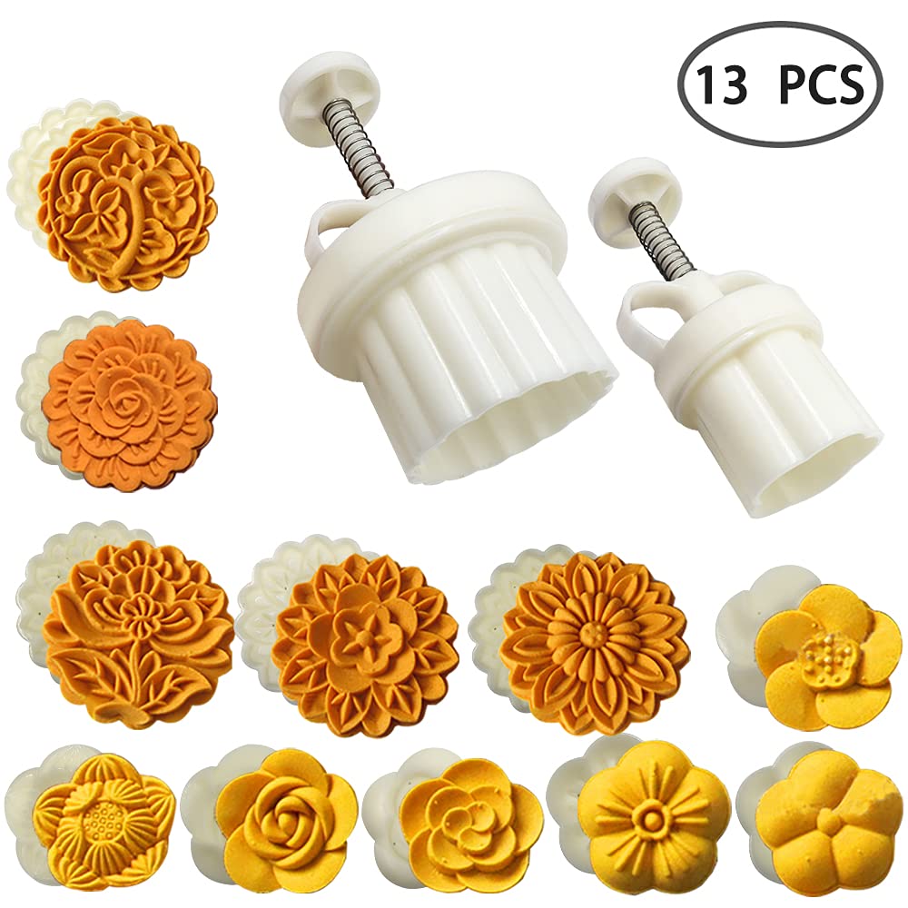 2 Set Mooncake Mould Press With 11 Stapms, Finegood Diy Cookie Cutter 50G 100G Flower Press Mooncake Mould Hand Pressure Mooncak