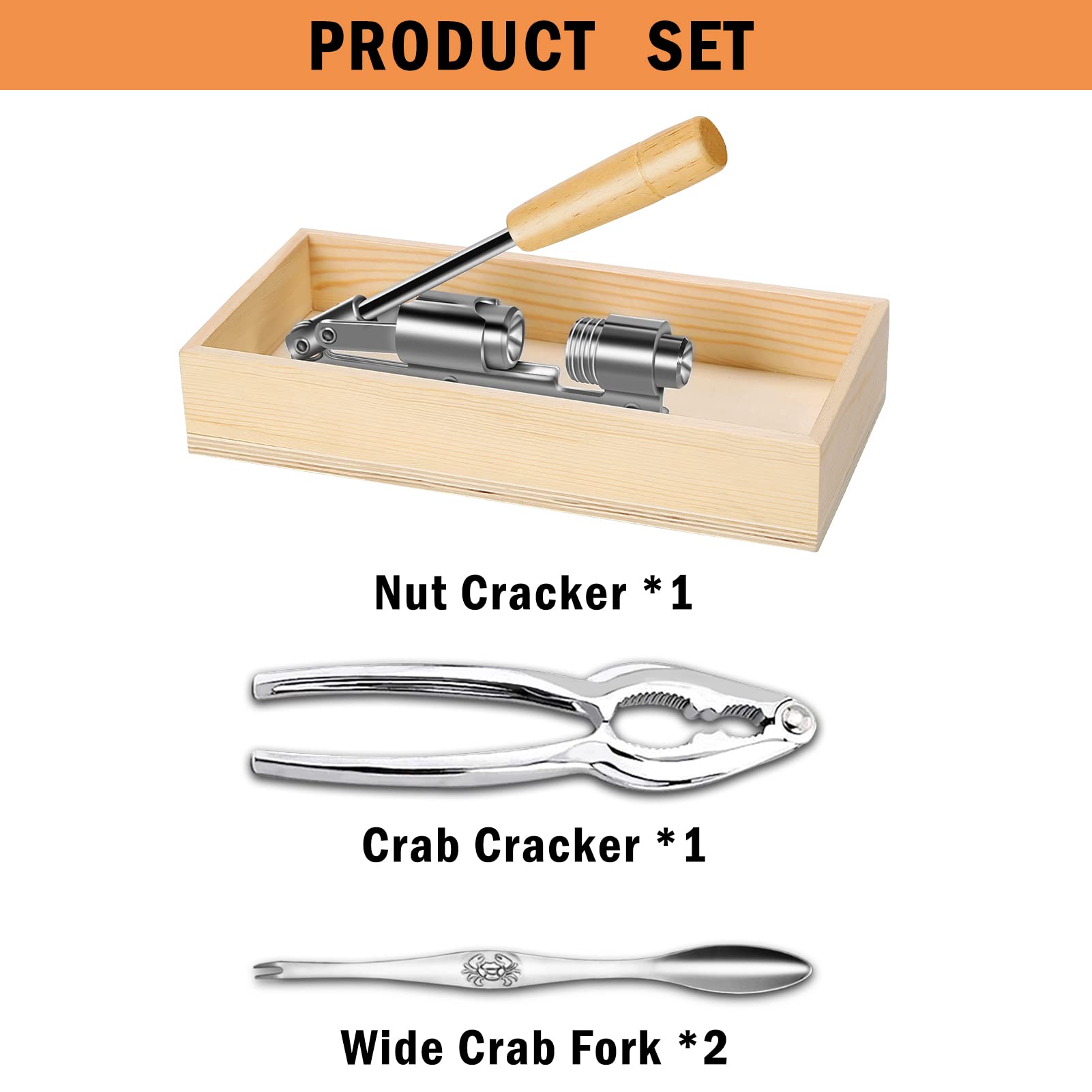 Artcome Pecan Nut Cracker Tool Set - Heavy Duty with Crab Cracker, Forks & Wooden Box, Stainless Steel, Model PecanCracker-SN4pc