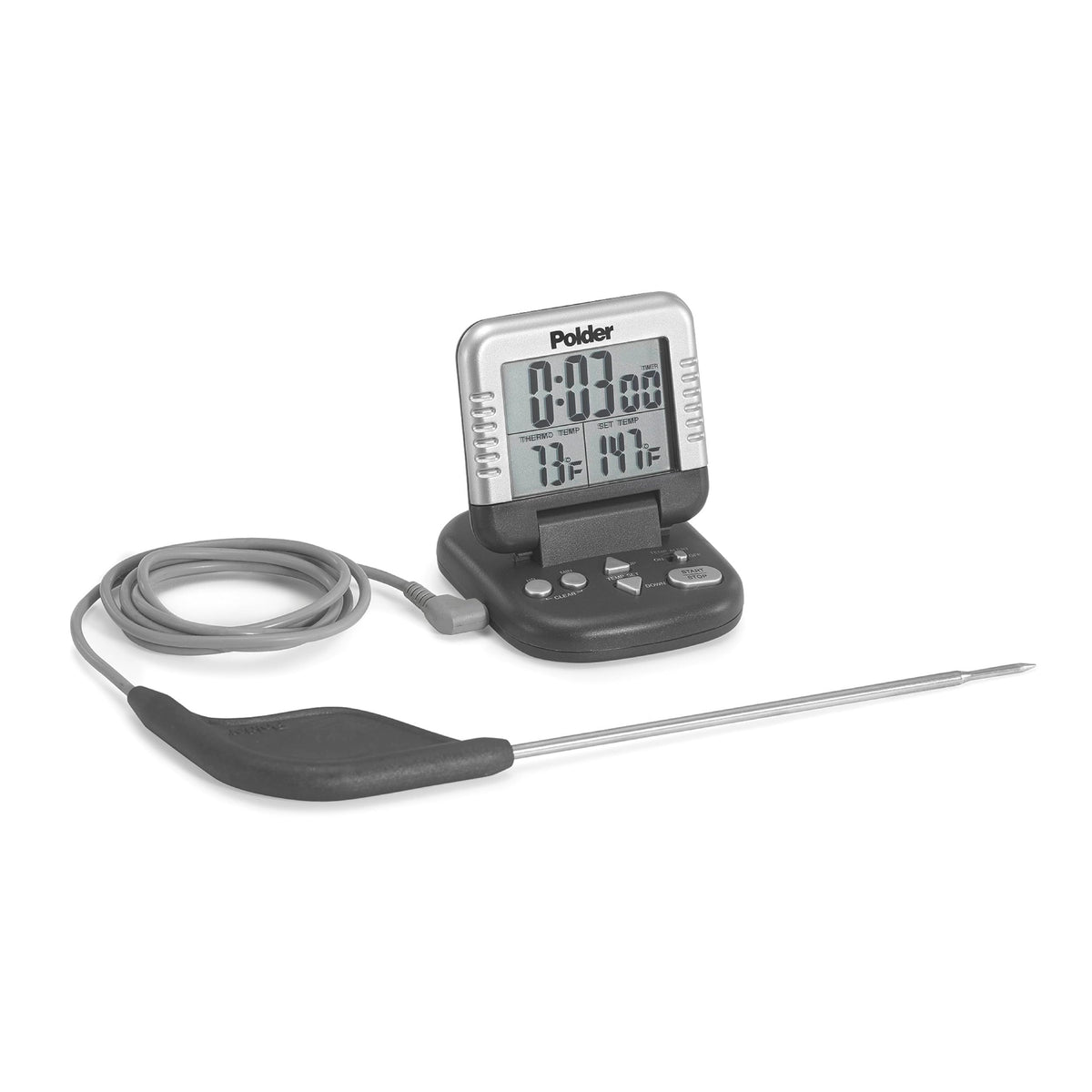 Polder Classic Digital Thermometer And Timer, Meat Thermometer For Cooking, Stainless Steel Probe, 24-Hour Countdown Timer With